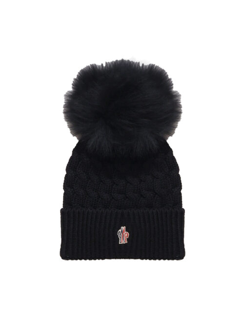 MONCLER - CAPPELLO BEANIE EFFETTO TRICOT CON PON PON DI ECOFUR