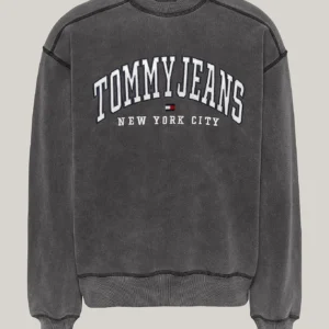 TOMMY HILFIGER - Felpa Varsity relaxed fit effetto sbiadito - Nero