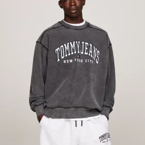 TOMMY HILFIGER - Felpa Varsity relaxed fit effetto sbiadito - Nero