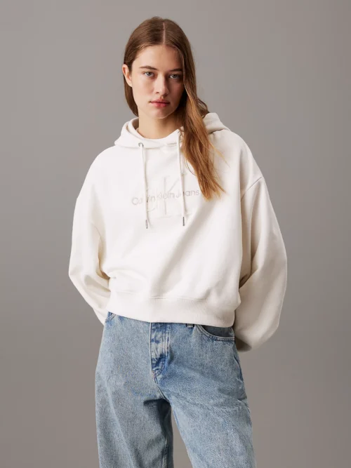 CALVIN KLEIN - Felpa con cappuccio con monogramma in ciniglia corta