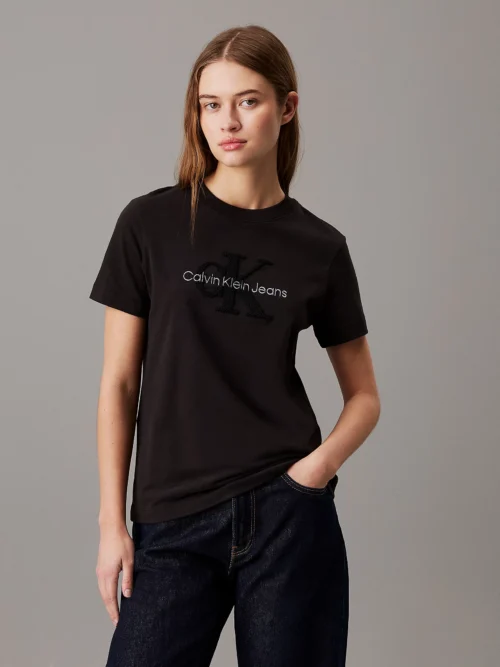 CALVIN KLEIN - T-shirt con monogramma in ciniglia - Nero