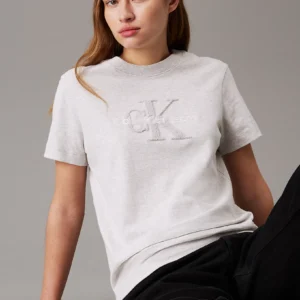 CALVIN KLEIN - T-shirt con monogramma in ciniglia - Grigio Chiaro