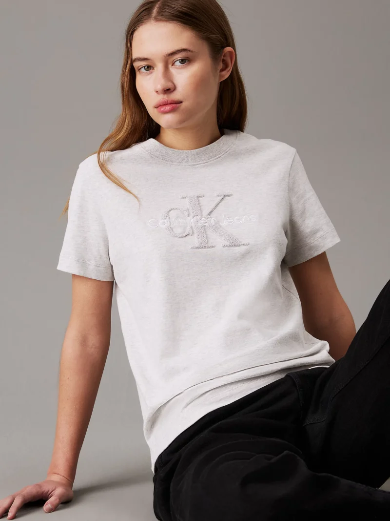 CALVIN KLEIN - T-shirt con monogramma in ciniglia - Grigio Chiaro