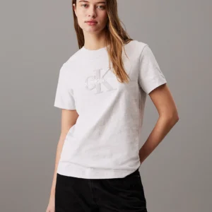 CALVIN KLEIN - T-shirt con monogramma in ciniglia - Grigio Chiaro