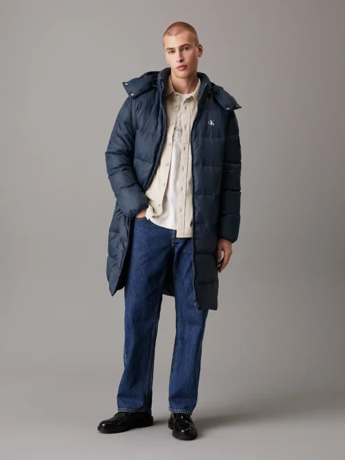 CALVIN KLEIN - Piumino lungo imbottito con cappuccio - Blu