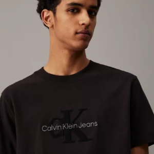 CALVIN KLEIN - T-shirt con monogramma logo in ciniglia - Nero