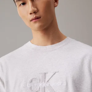 CALVIN KLEIN - T-shirt con monogramma logo in ciniglia - Grigio Chiaro