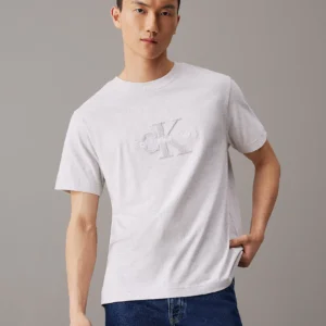 CALVIN KLEIN - T-shirt con monogramma logo in ciniglia - Grigio Chiaro