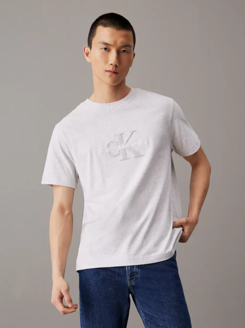 CALVIN KLEIN - T-shirt con monogramma logo in ciniglia - Grigio Chiaro