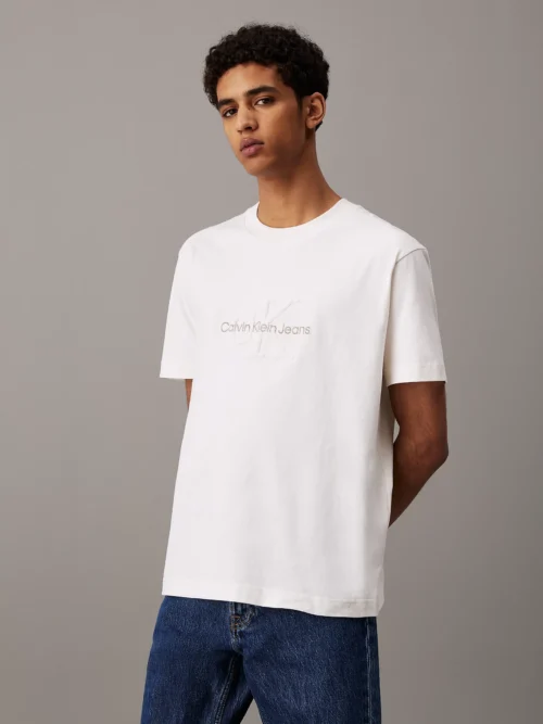 CALVIN KLEIN - T-shirt con monogramma in ciniglia - Avorio