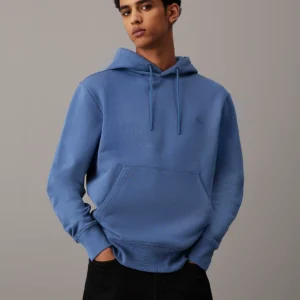 CALVIN KLEIN - Felpa con cappuccio in pile di cotone pesante - Blu Chiaro