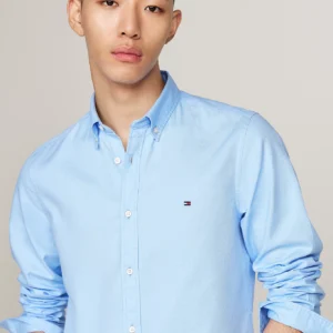 TOMMY HILFIGER - Camicia TH Flex slim fit in cotone dobby - Blu Chiaro
