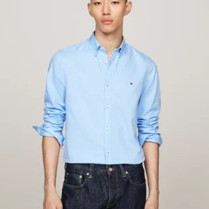 TOMMY HILFIGER - Camicia TH Flex slim fit in cotone dobby - Blu Chiaro