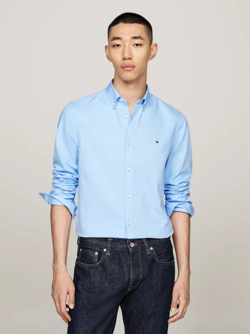 TOMMY HILFIGER - Camicia TH Flex slim fit in cotone dobby - Blu Chiaro