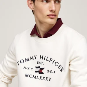 TOMMY HILFIGER - Felpa con logo stile nautico ricamato - Avorio