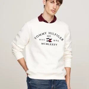 TOMMY HILFIGER - Felpa con logo stile nautico ricamato - Avorio