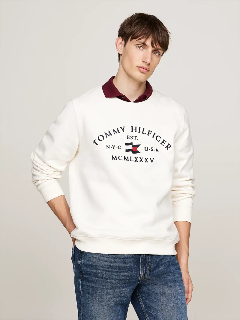 TOMMY HILFIGER - Felpa con logo stile nautico ricamato - Avorio