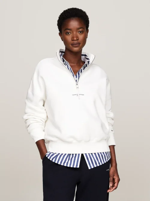 TOMMY HILFIGER - Felpa relaxed fit con mezza zip - Ecru