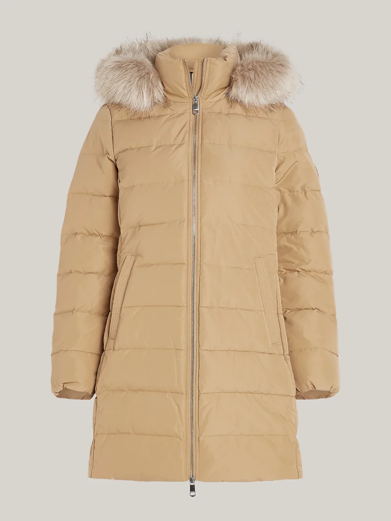 TOMMY HILFIGER - Piumino con pelliccia sintetica sul cappuccio - Sabbia