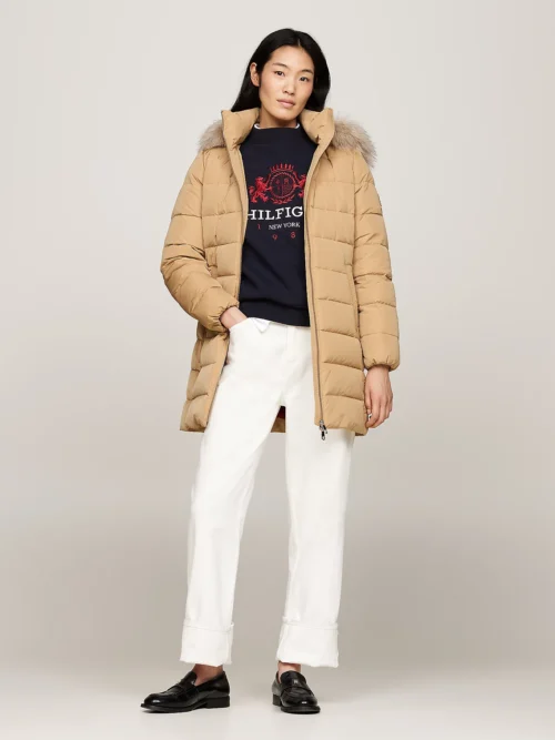 TOMMY HILFIGER - Piumino con pelliccia sintetica sul cappuccio - Sabbia