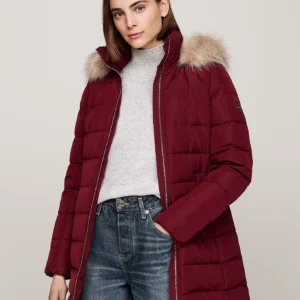 TOMMY HILFIGER - Piumino con pelliccia sintetica sul cappuccio - Bordeaux