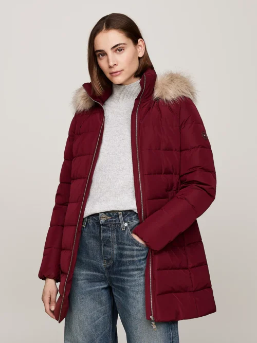 TOMMY HILFIGER - Piumino con pelliccia sintetica sul cappuccio - Bordeaux