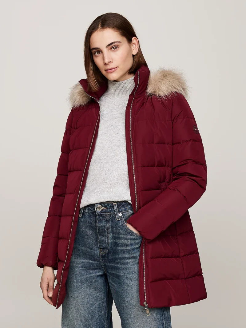 TOMMY HILFIGER - Piumino con pelliccia sintetica sul cappuccio - Bordeaux