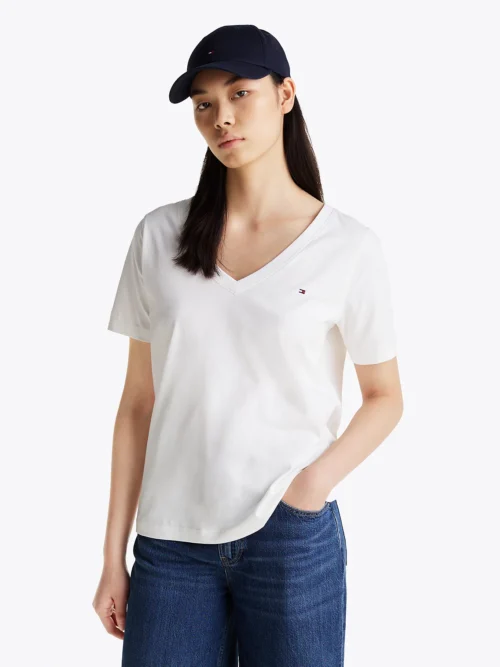 TOMMY HILFIGER - T-shirt con bandierina ricamata - Bianco